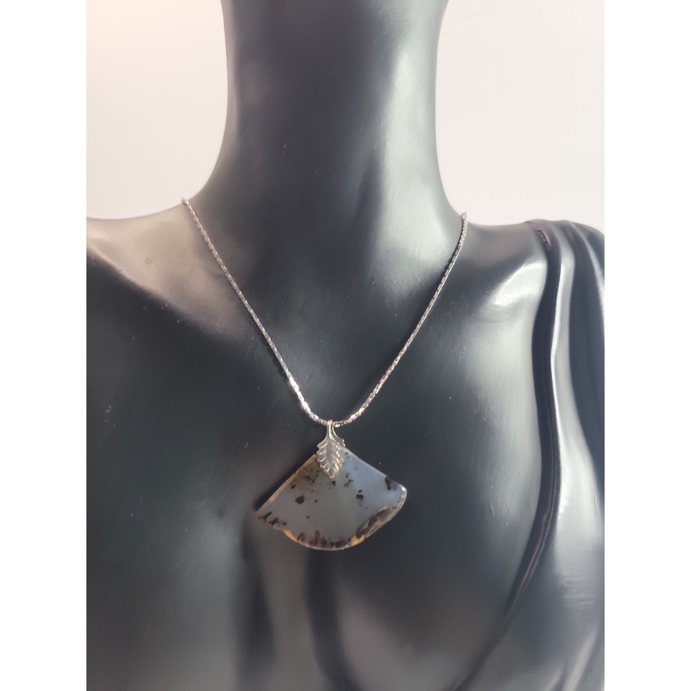 Dendritic Agate Fan Pendant Necklace Natural Moss Tree Agate Stone Leaf Bail